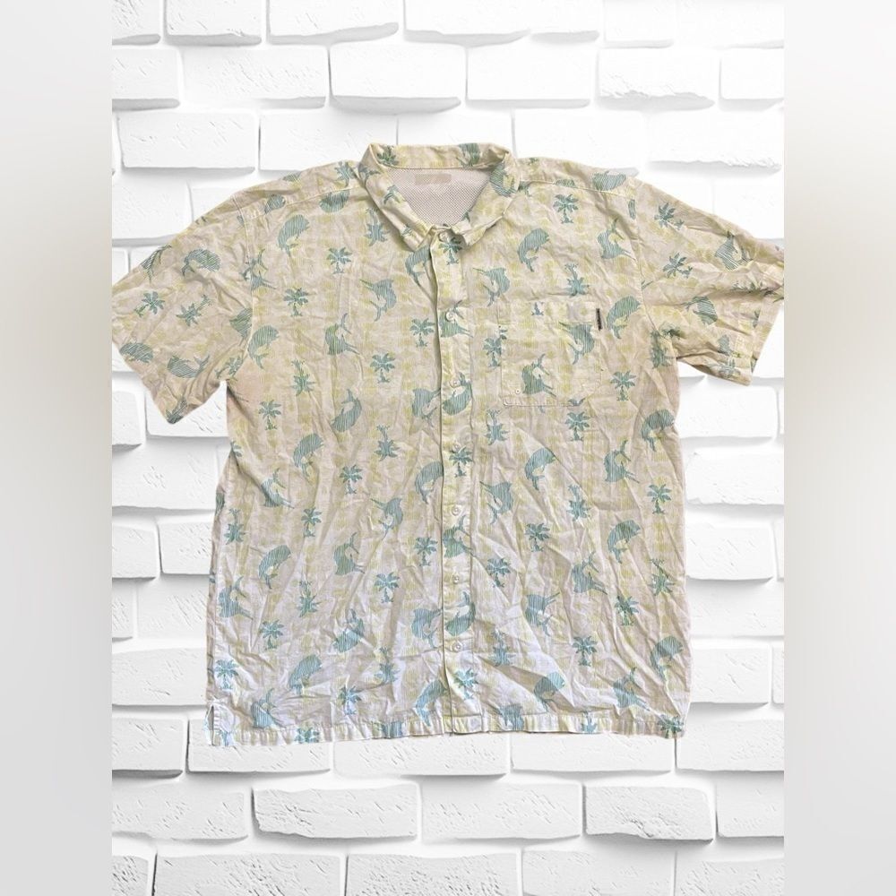 Columbia PFG Men’s XL Short Sleeve Button Up Shirt • Vented Swordfish Palm Trees